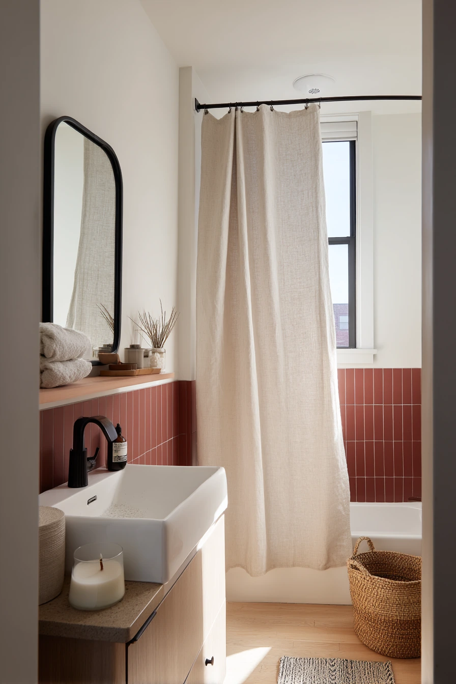 Small-Space Burgundy Bath for Apartment Living