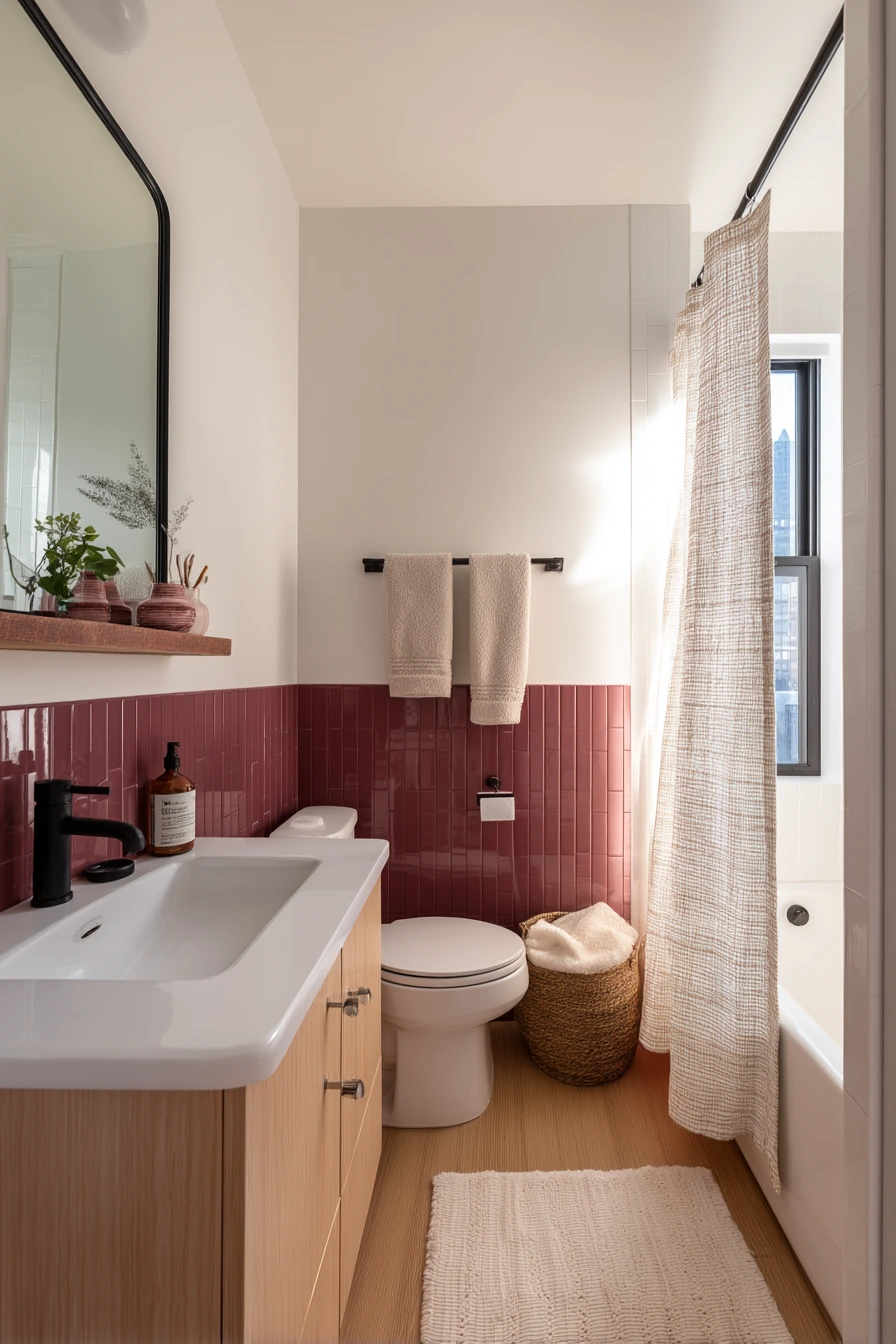 Small-Space Burgundy Bath for Apartment Living