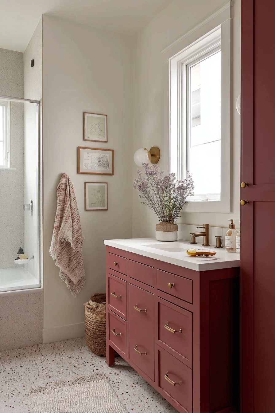 Burgundy Bathroom with Family Morning Energy