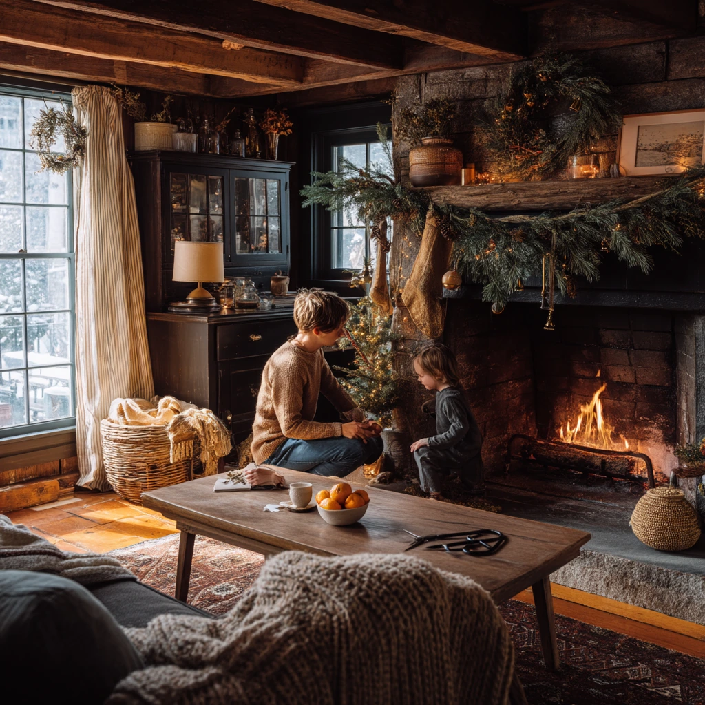 Winter Decor Around a Cabin Hearth