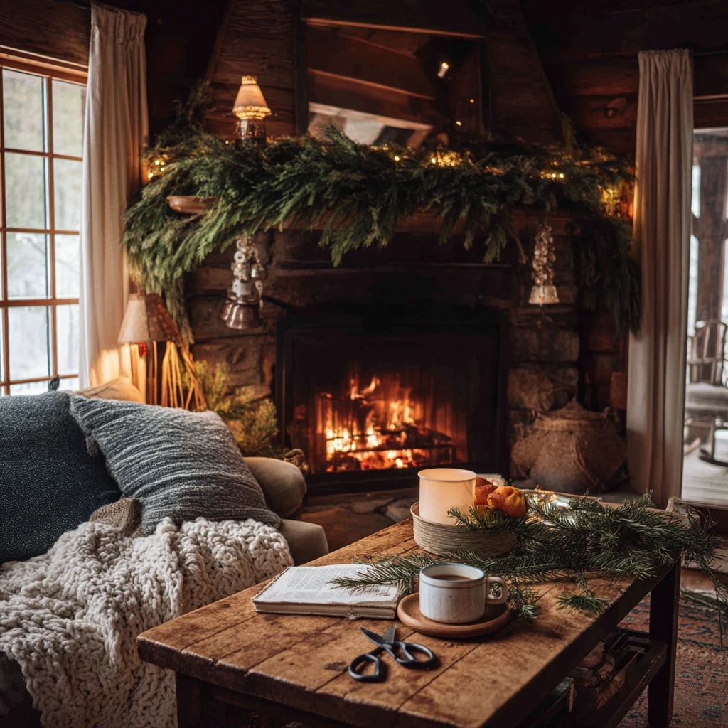 Winter Decor Around a Cabin Hearth