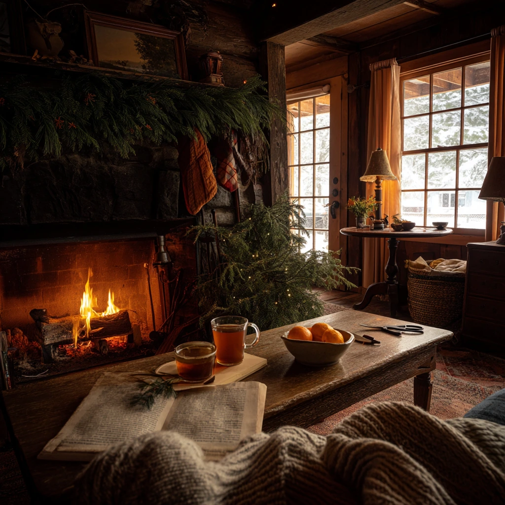 Winter Decor Around a Cabin Hearth