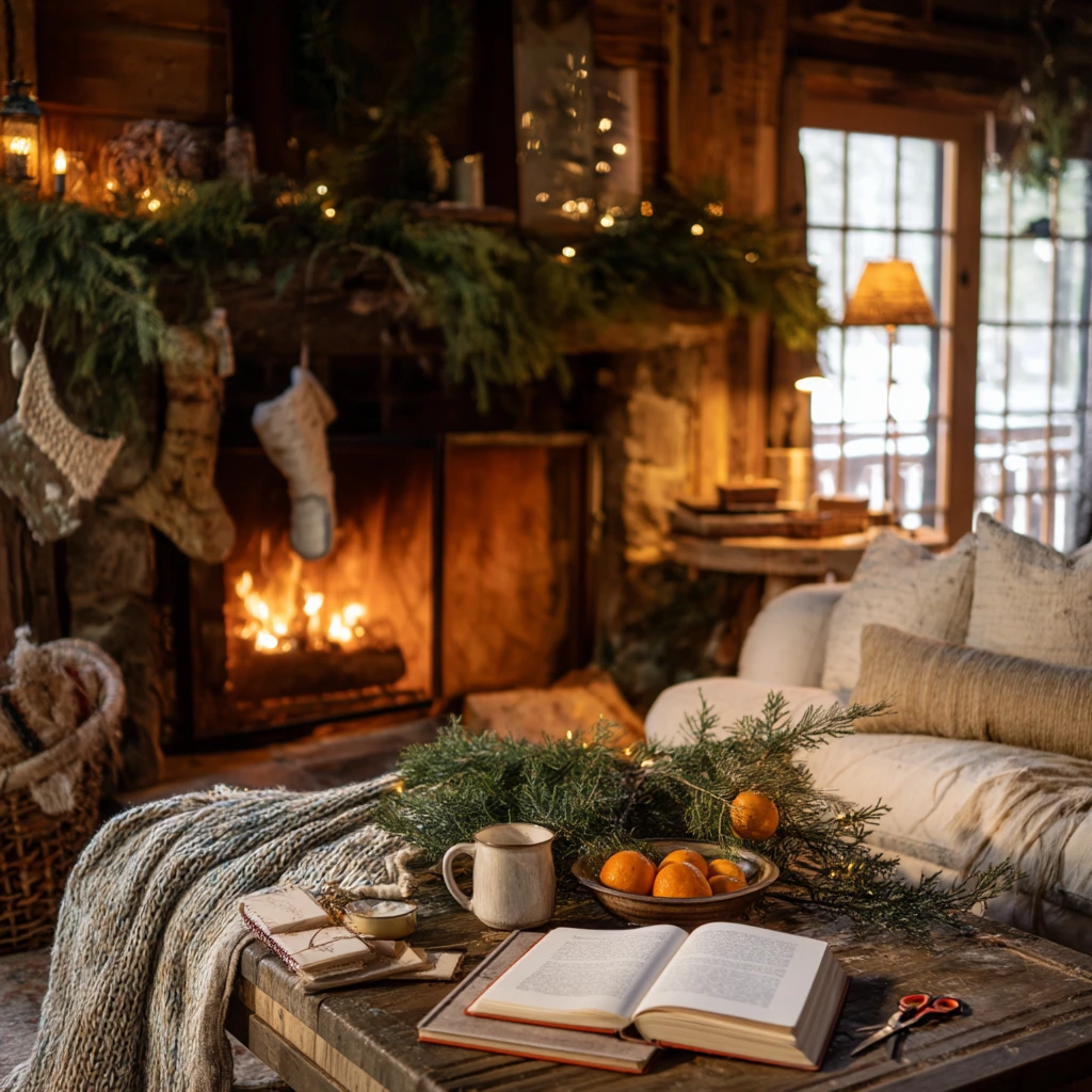 Winter Decor Around a Cabin Hearth