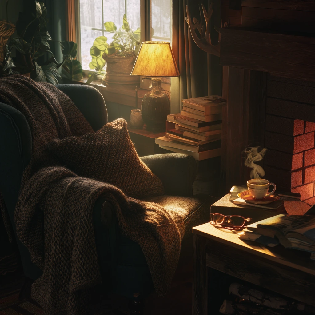Fireplace Reading Spot in a Woodsy Cabin