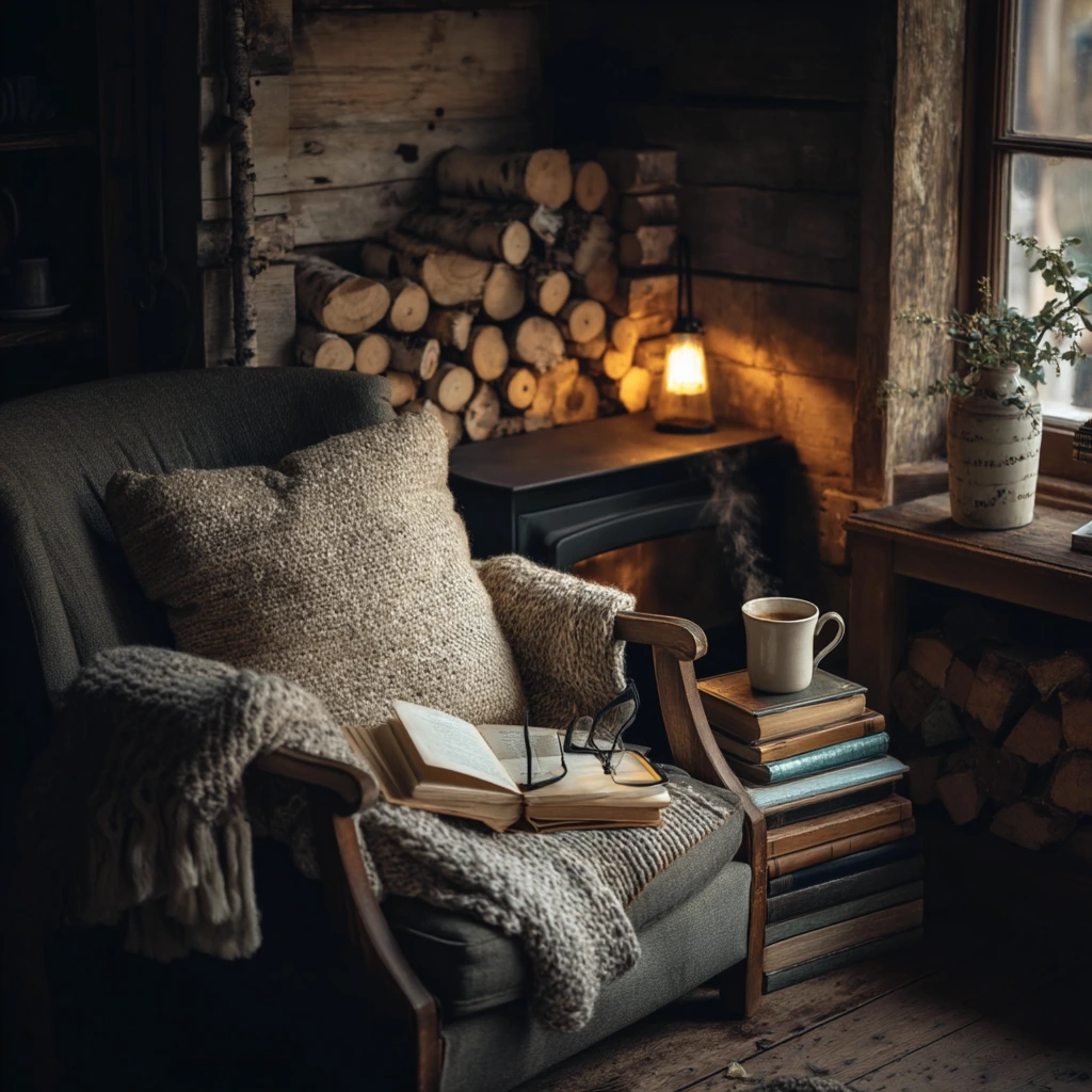 Fireplace Reading Spot in a Woodsy Cabin