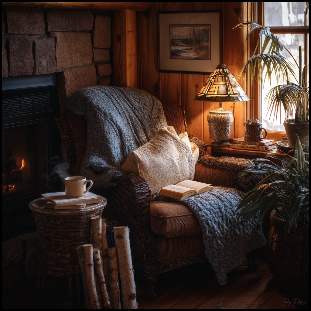 Fireplace Reading Spot in a Woodsy Cabin