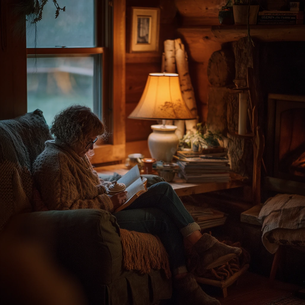 Fireplace Reading Spot in a Woodsy Cabin