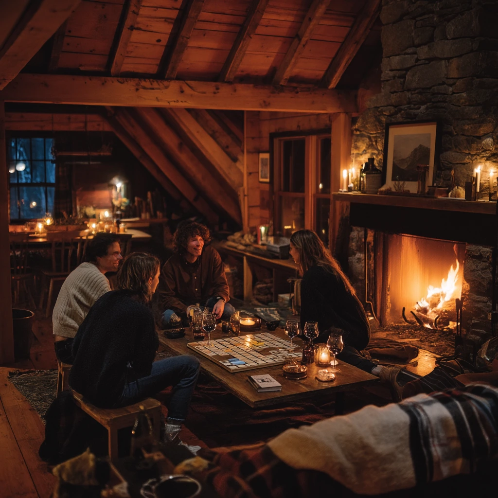 Moody Cabin Fireplace for Evening Gathering