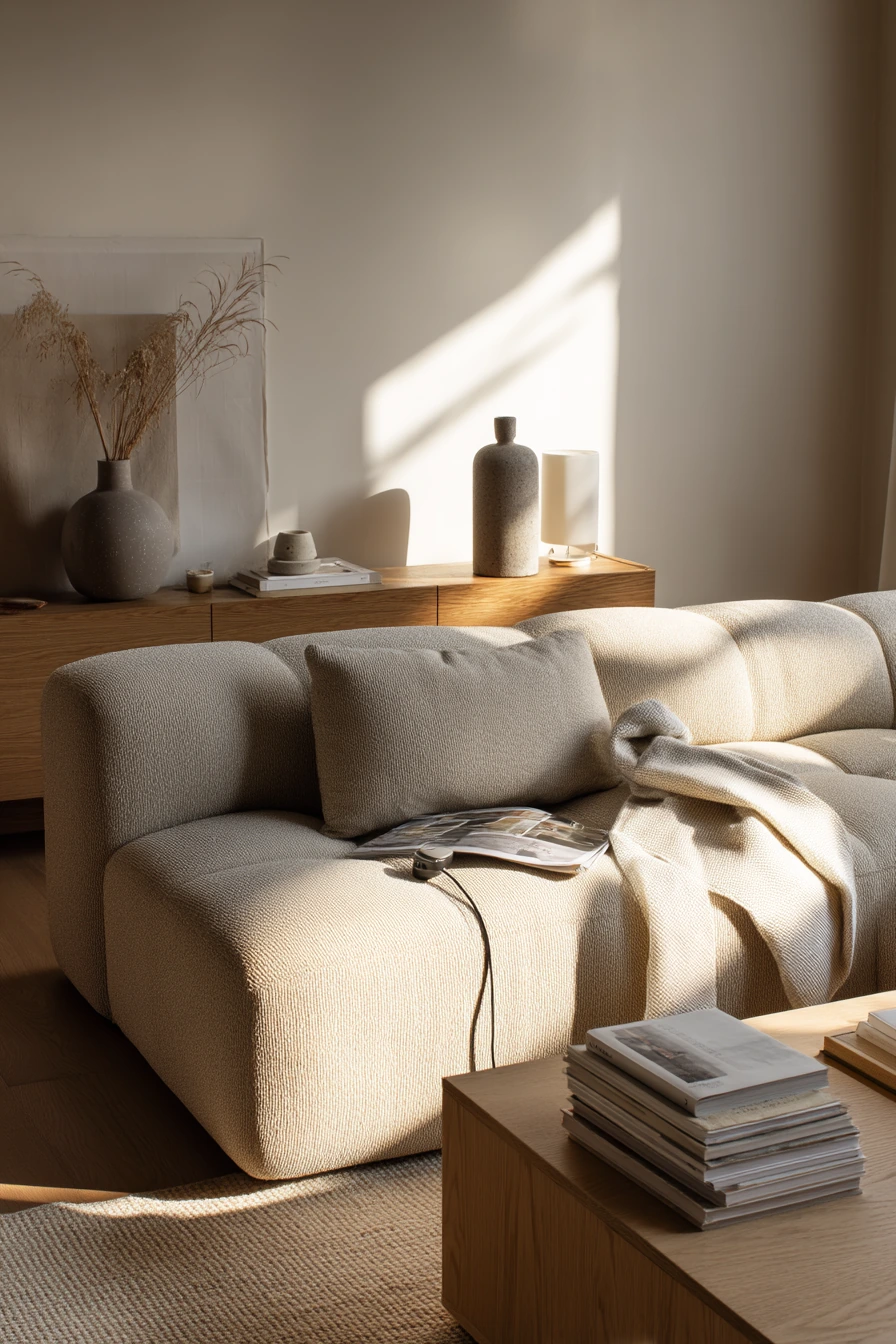4. Warm Minimal Camel Living Room