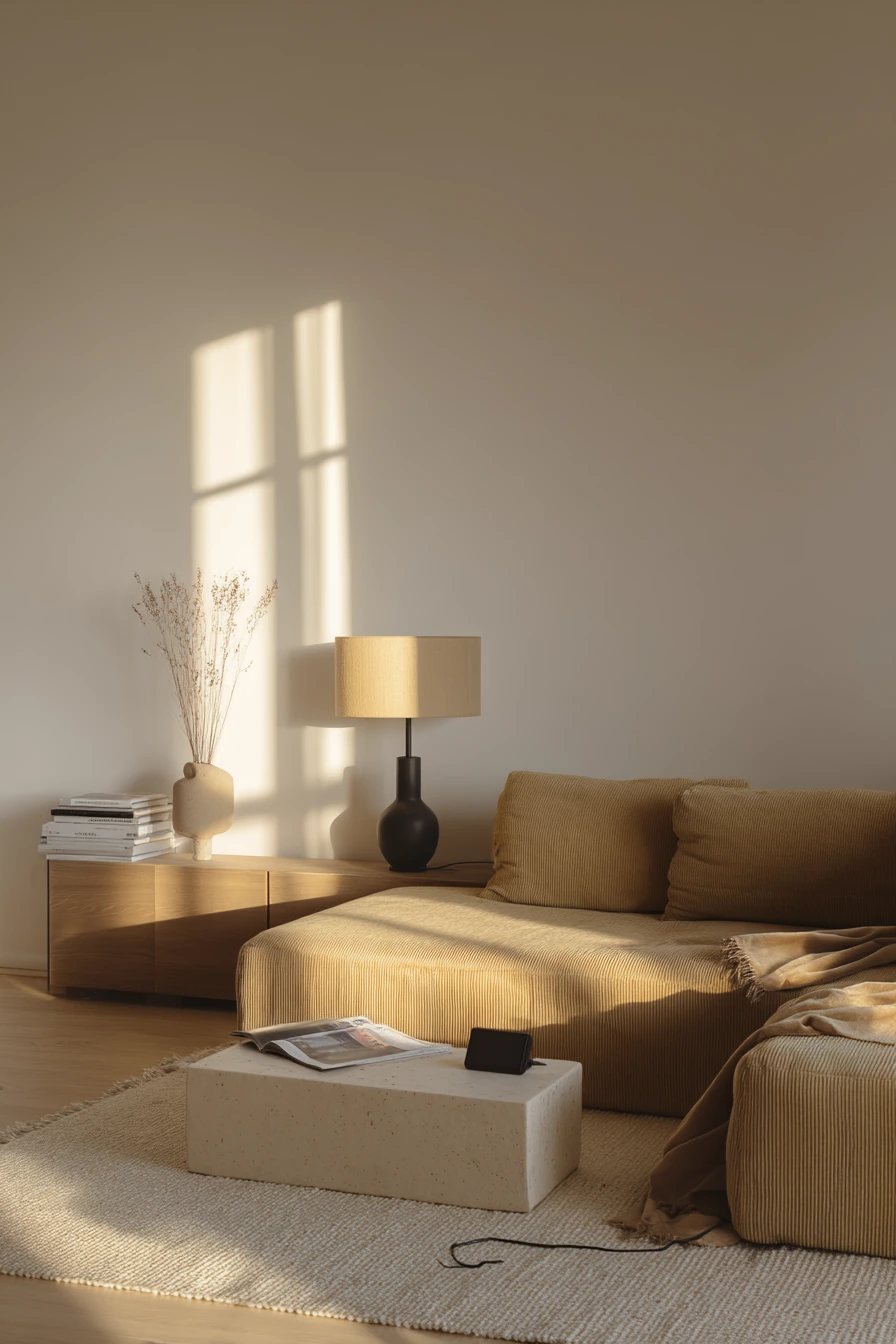 4. Warm Minimal Camel Living Room