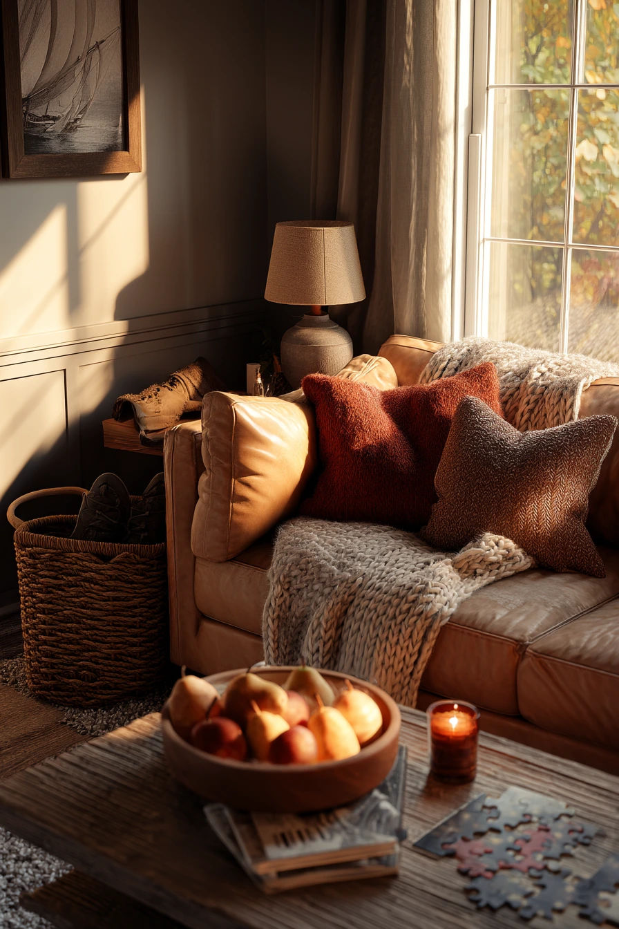 6. Cozy Fall Camel Living Room