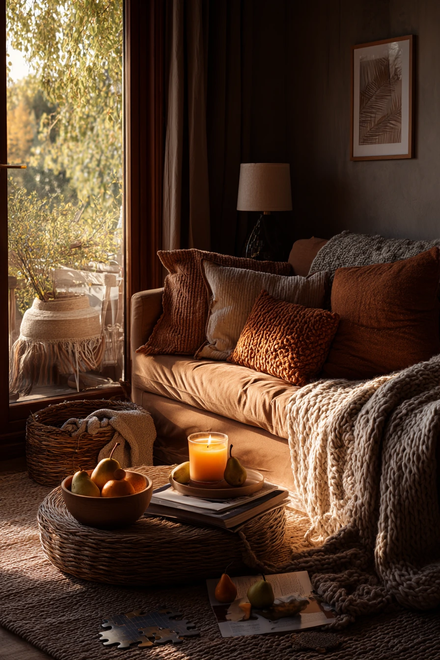 6. Cozy Fall Camel Living Room