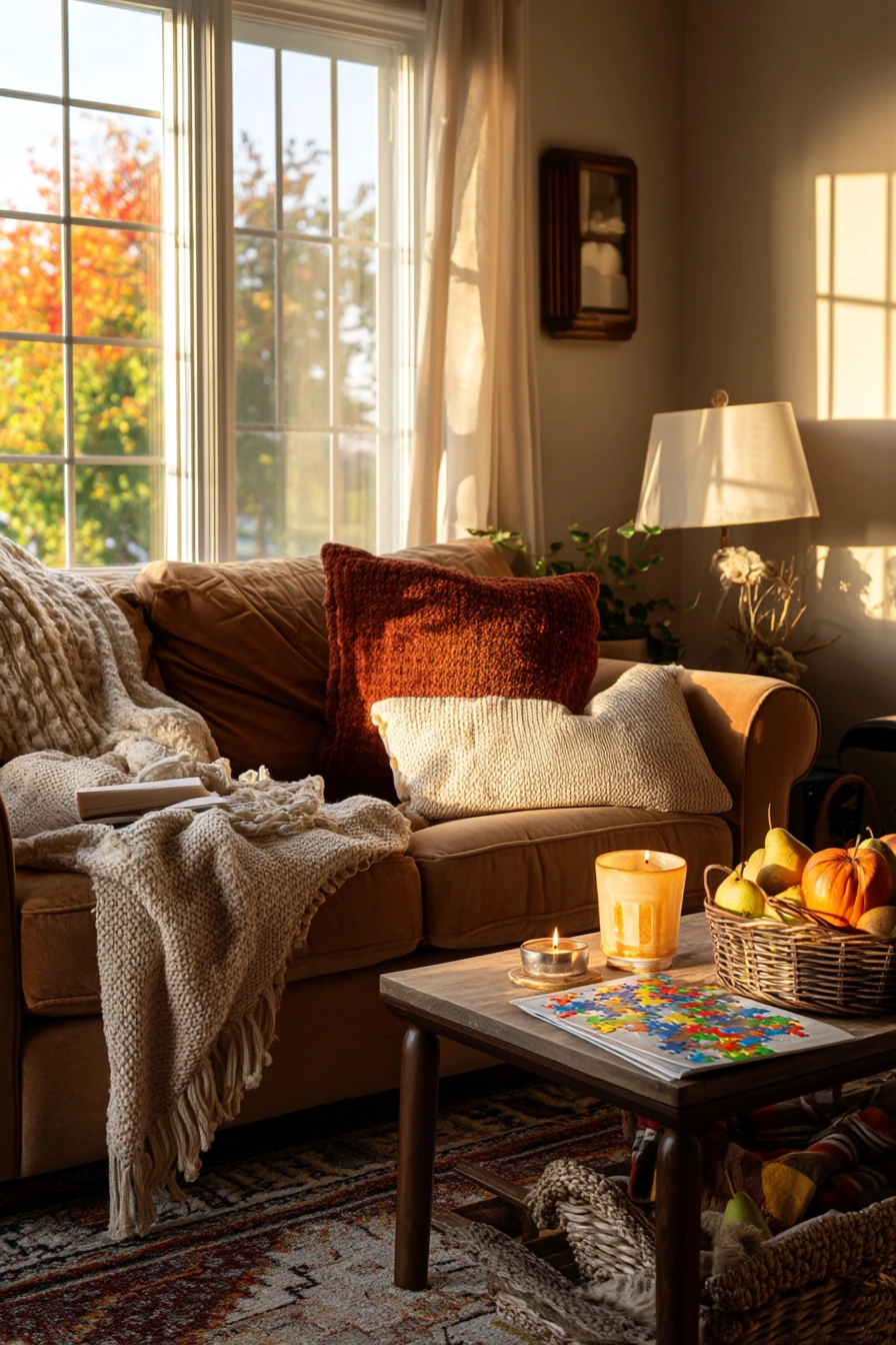 6. Cozy Fall Camel Living Room