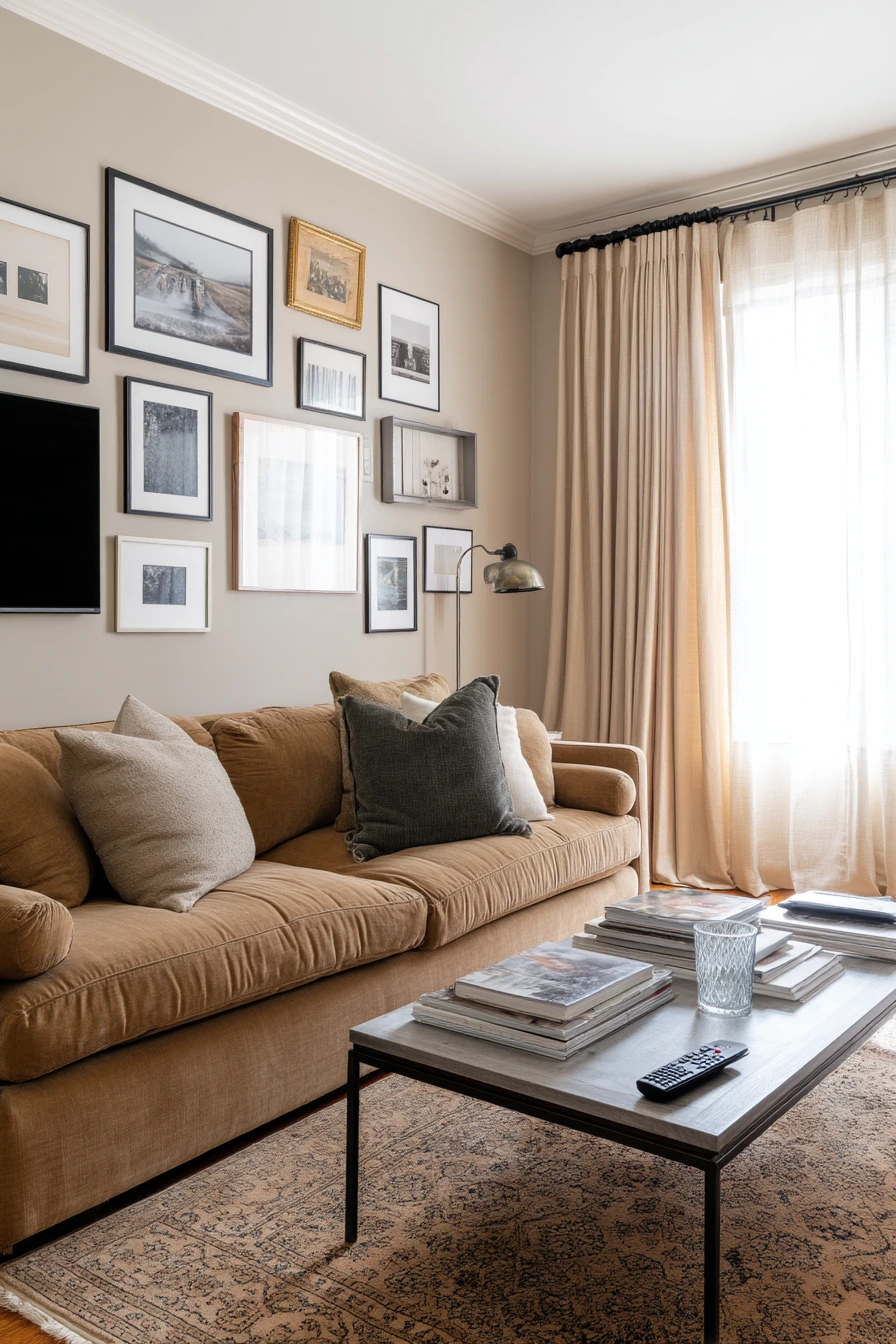8. Camel Sofa With Art Wall