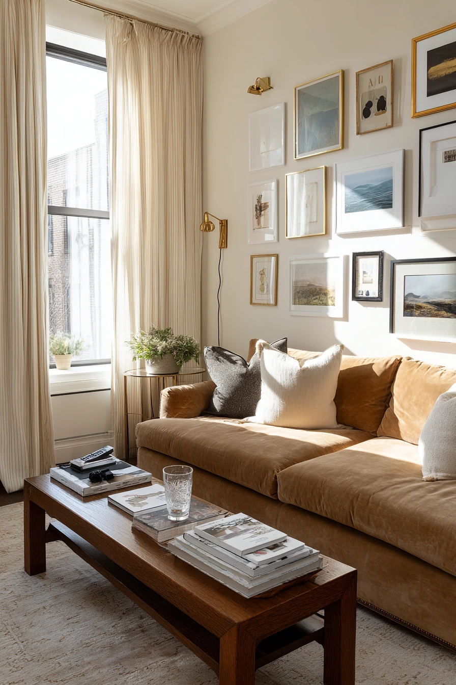 8. Camel Sofa With Art Wall