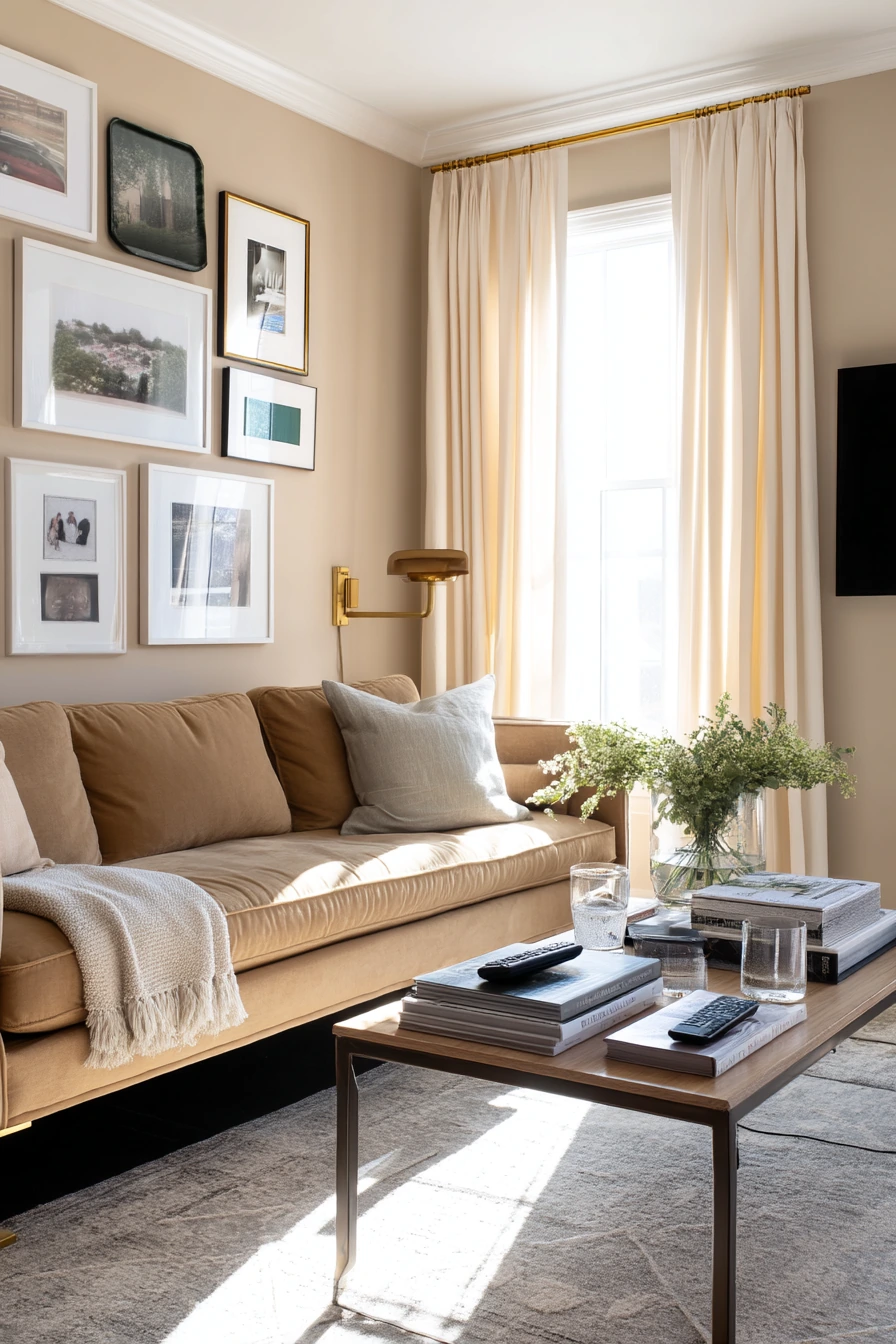 8. Camel Sofa With Art Wall