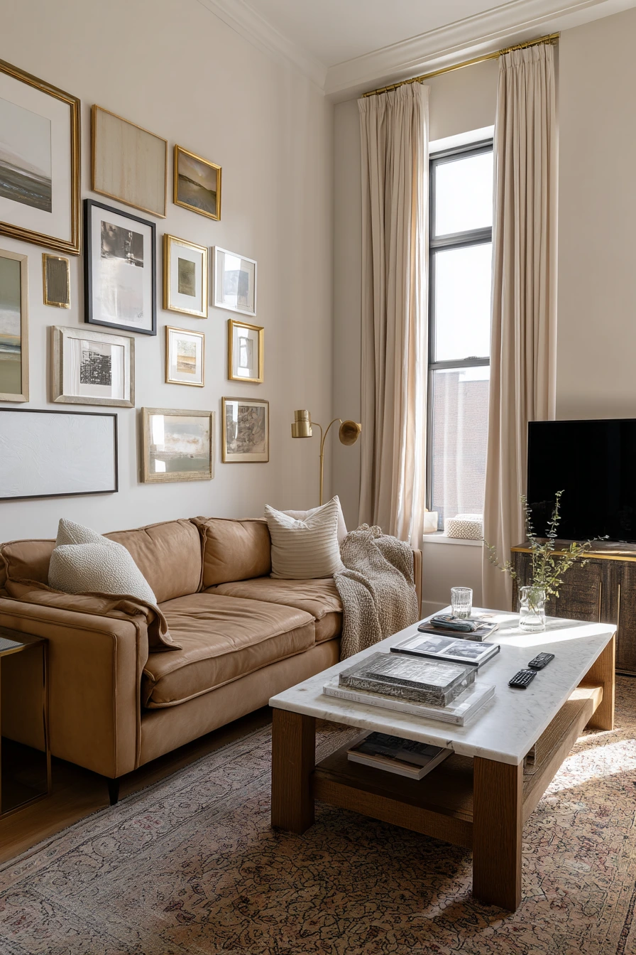 8. Camel Sofa With Art Wall