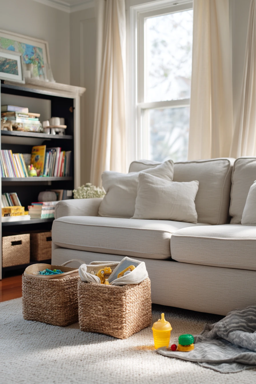 Cane Ottoman and Playtime Clutter