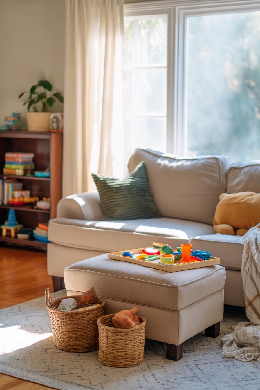 Cane Ottoman and Playtime Clutter