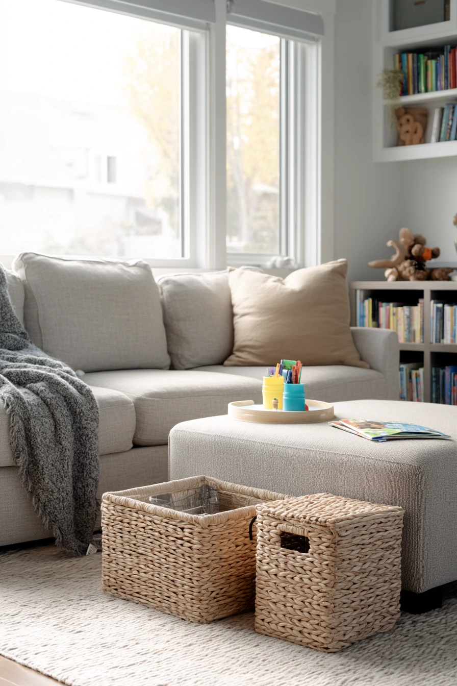 Cane Ottoman and Playtime Clutter