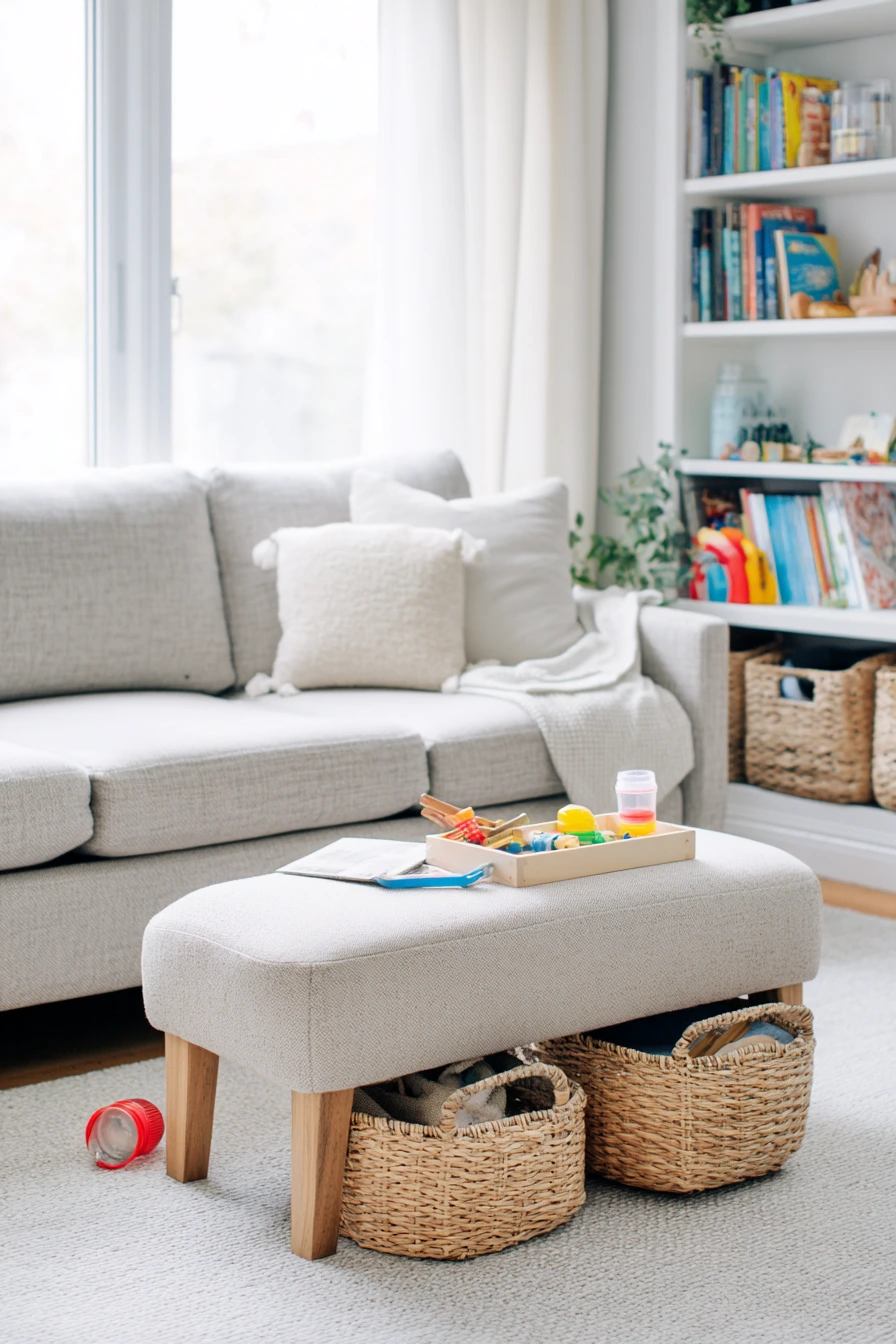 Cane Ottoman and Playtime Clutter
