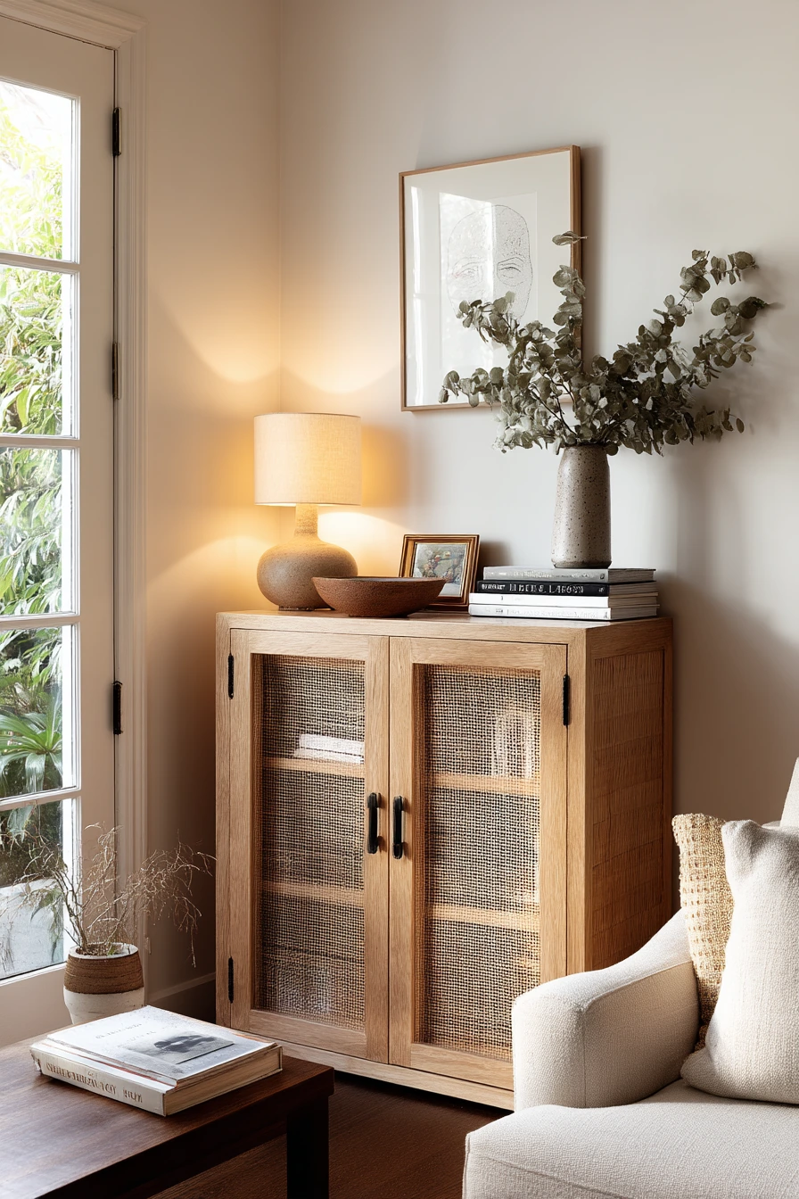 Cane Cabinet with Collected Decor