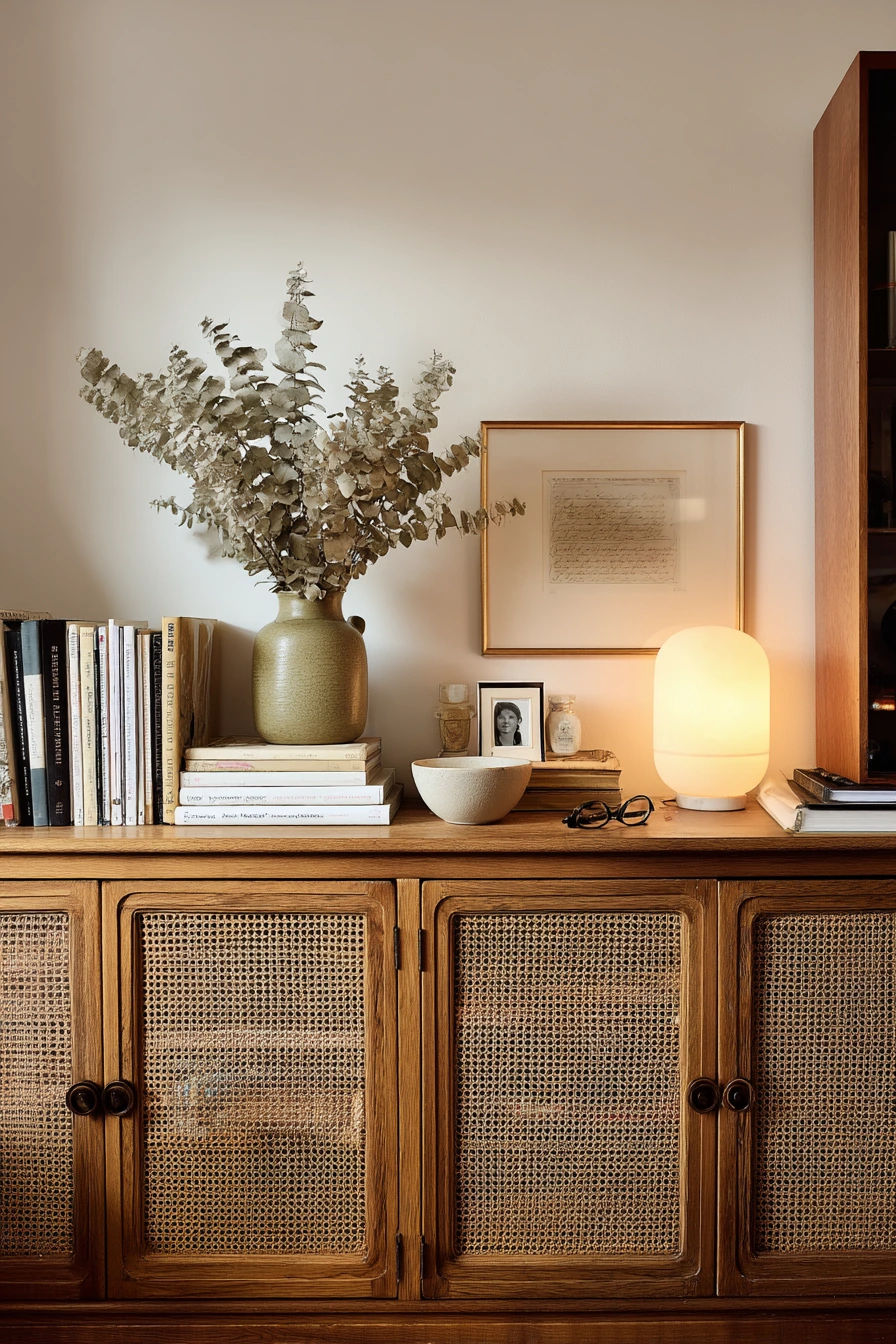 Cane Cabinet with Collected Decor