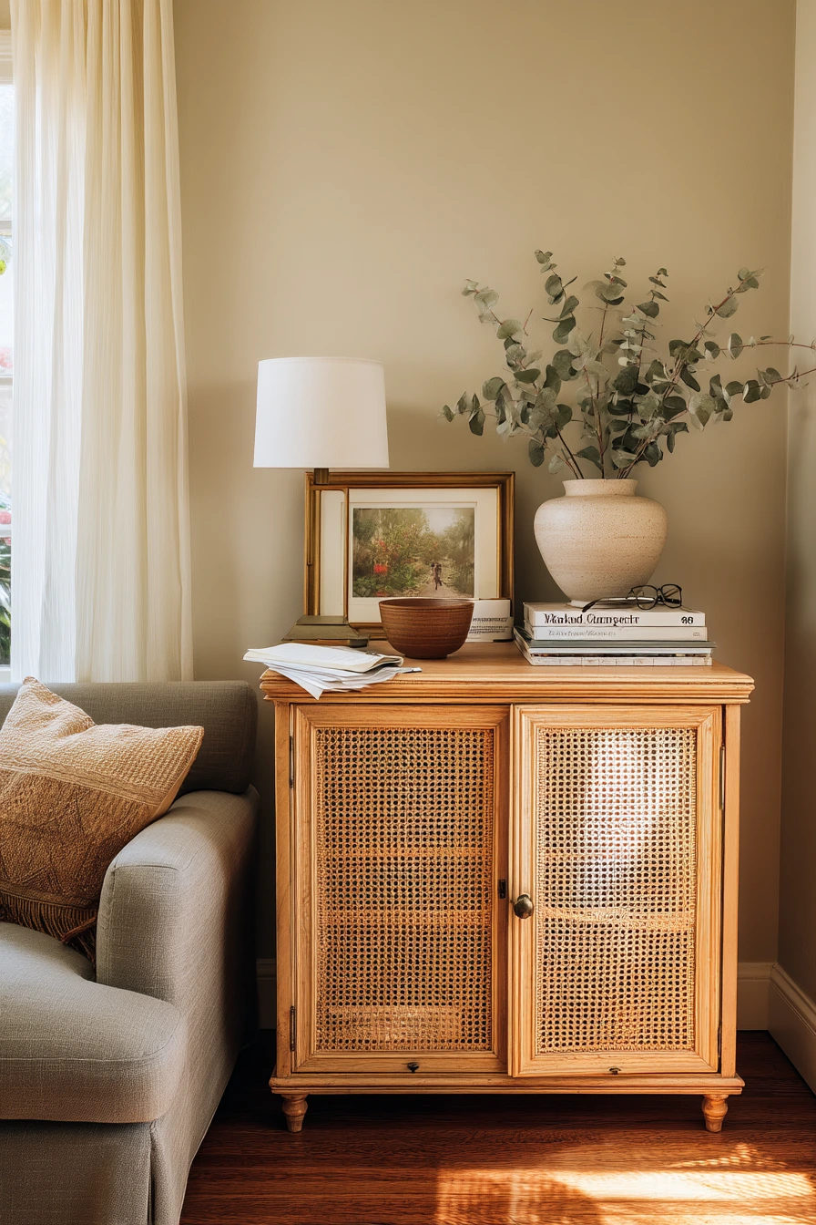 Cane Cabinet with Collected Decor