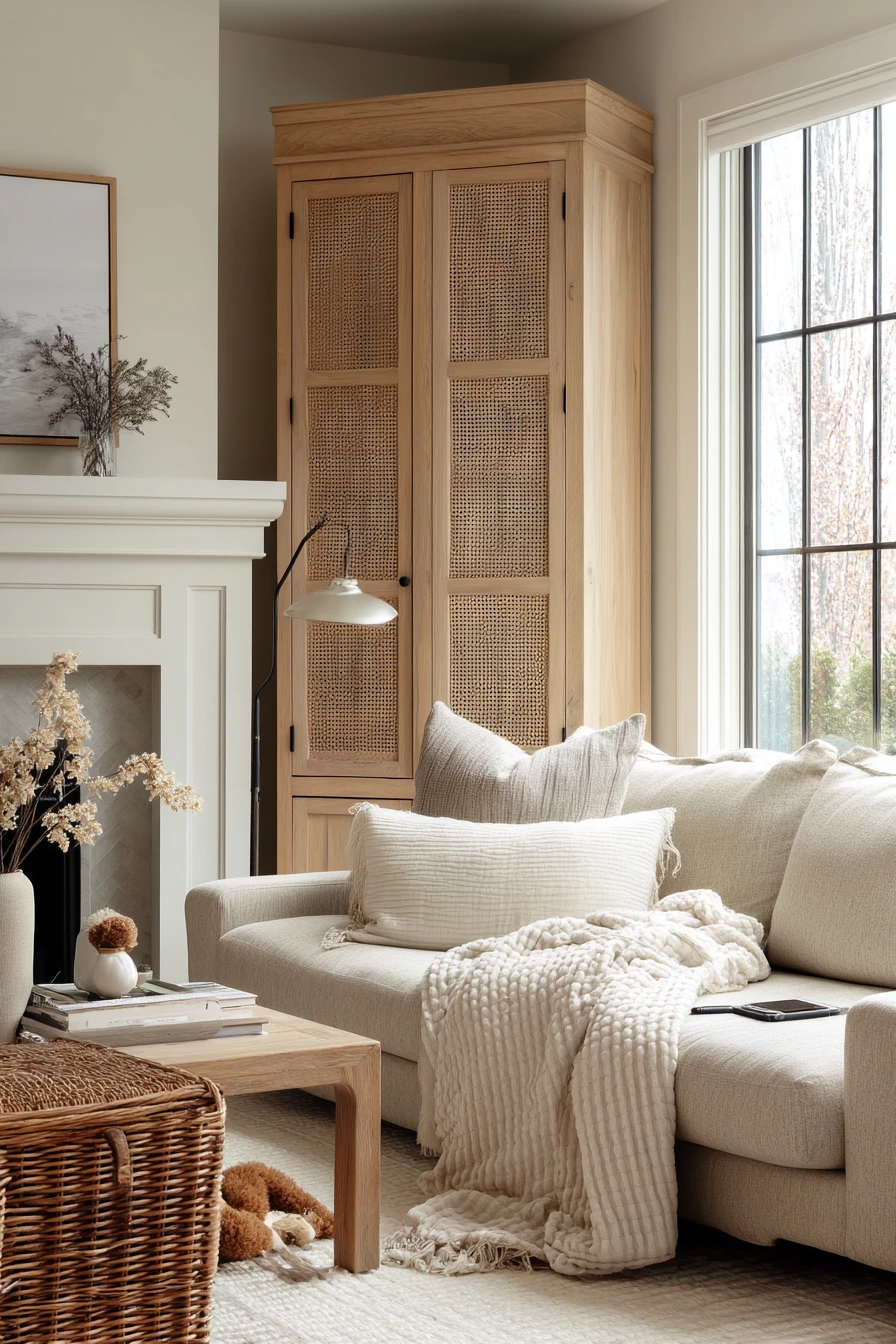 Cane Details in a Neutral Family Room