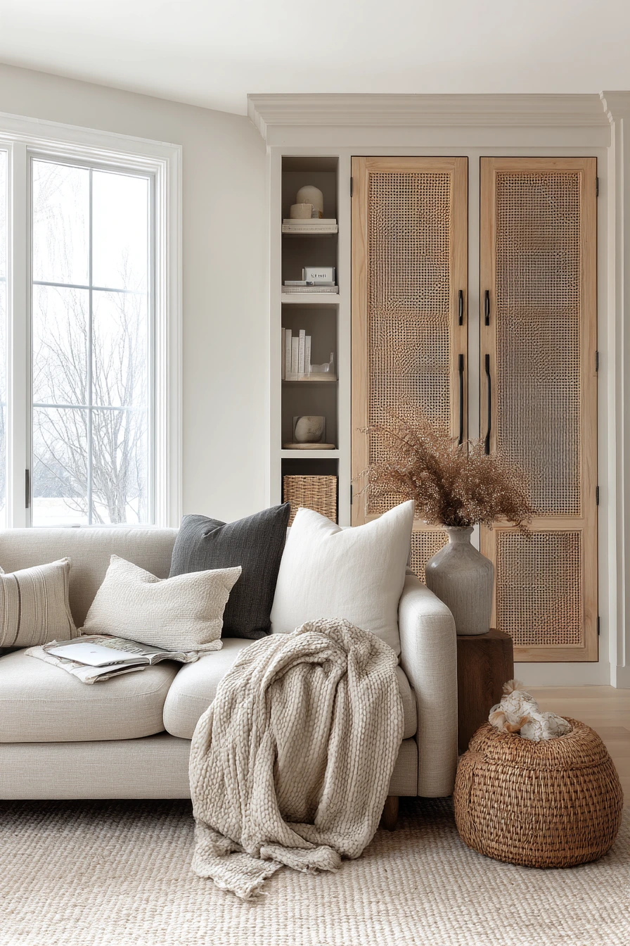 Cane Details in a Neutral Family Room
