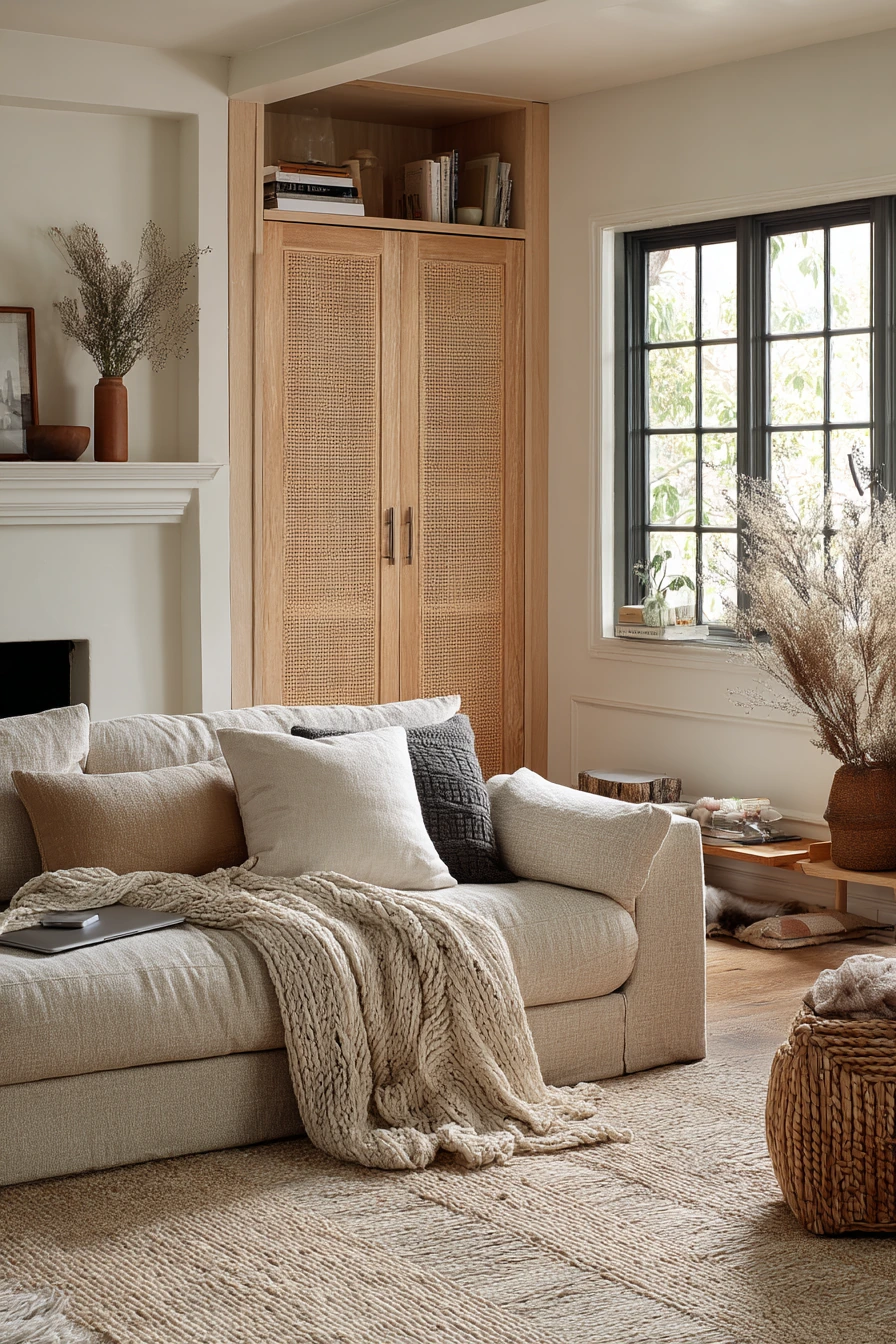 Cane Details in a Neutral Family Room