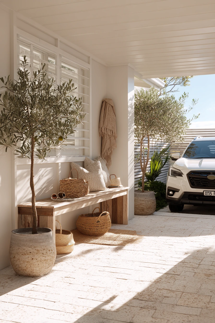 Coastal Home Car Porch With Breezy Material Mix