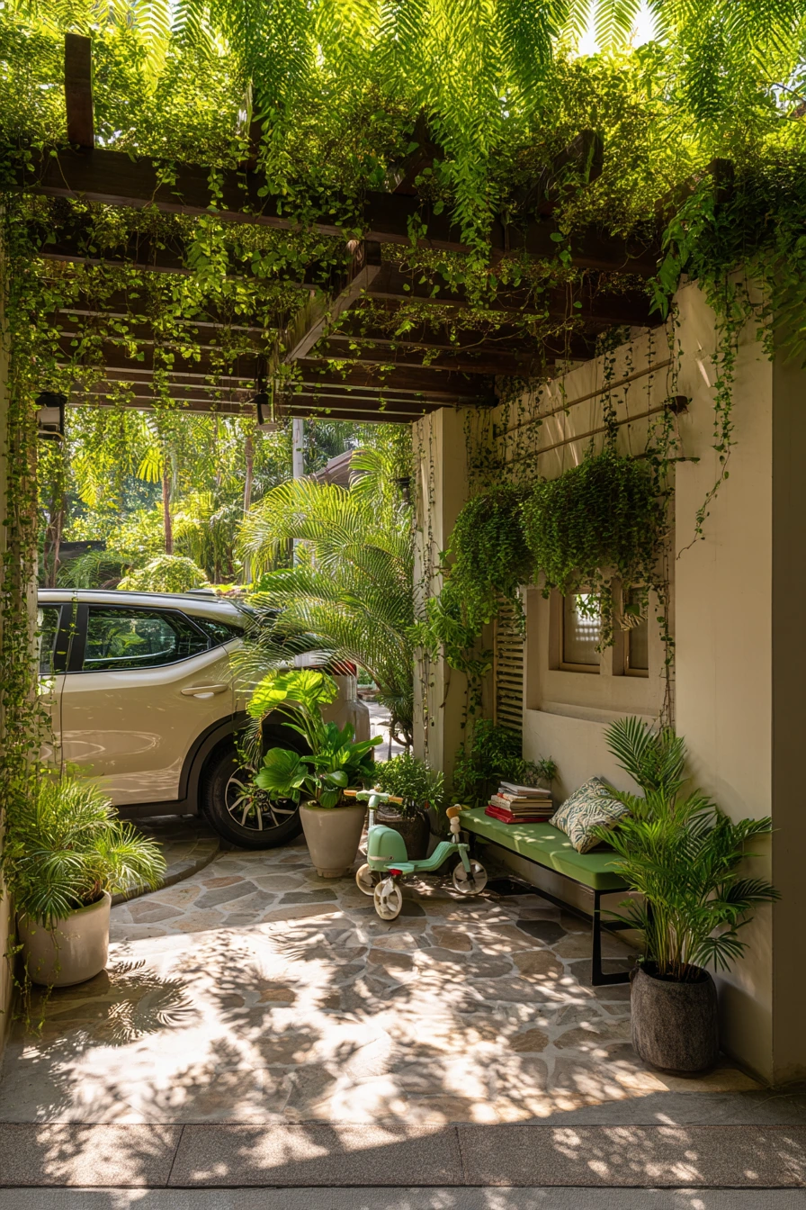 Tropical Green Car Porch With Natural Shade