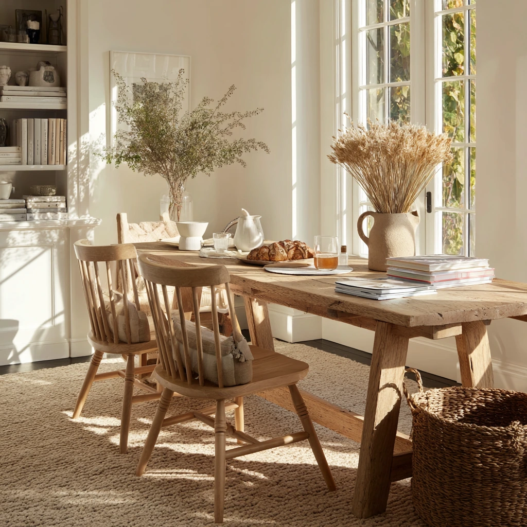 Sunlit Carpeted Dining Room with Modern Farmhouse Ease