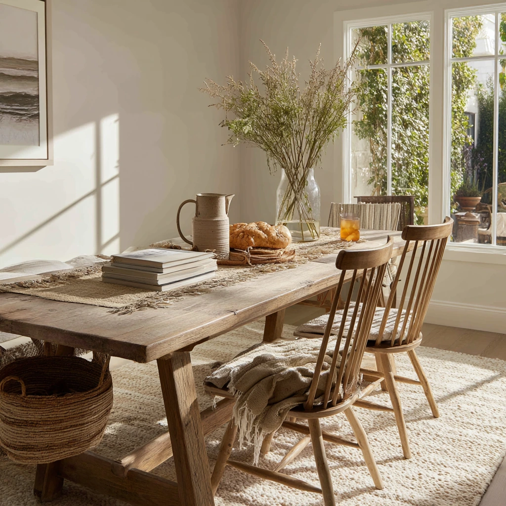 Sunlit Carpeted Dining Room with Modern Farmhouse Ease