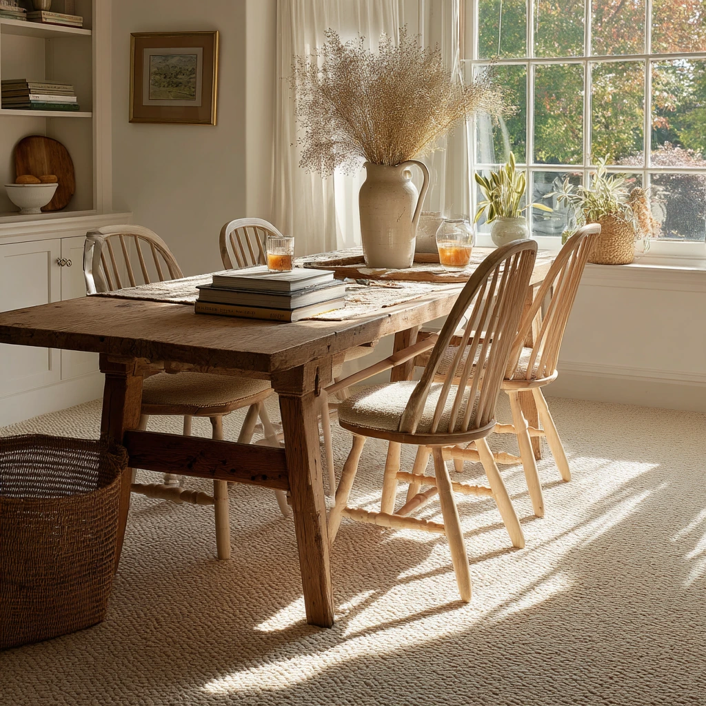 Sunlit Carpeted Dining Room with Modern Farmhouse Ease