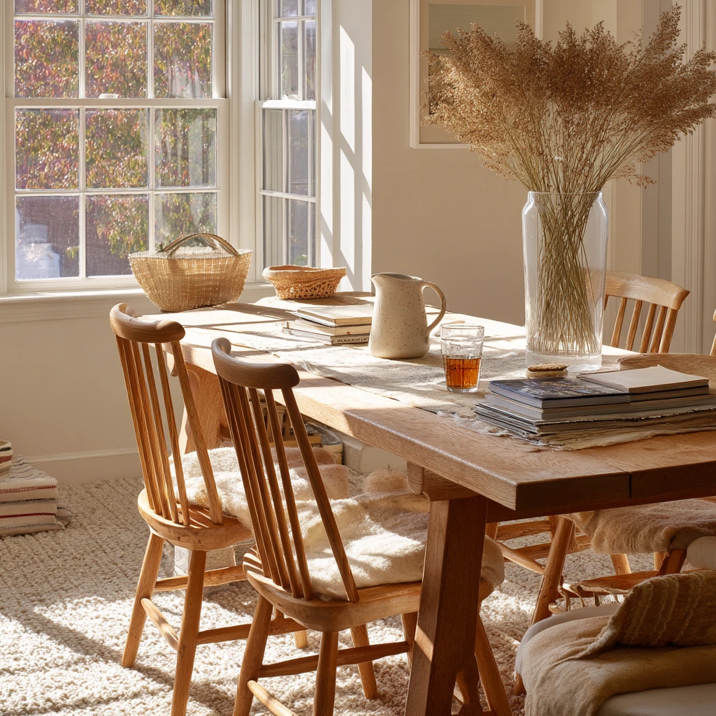 Sunlit Carpeted Dining Room with Modern Farmhouse Ease