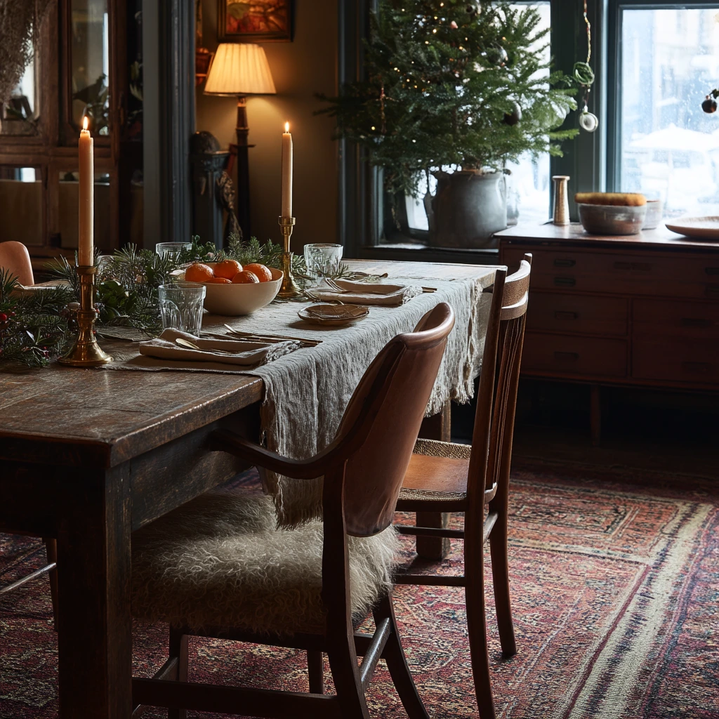 Seasonal Holiday Dining Room on Soft Carpet