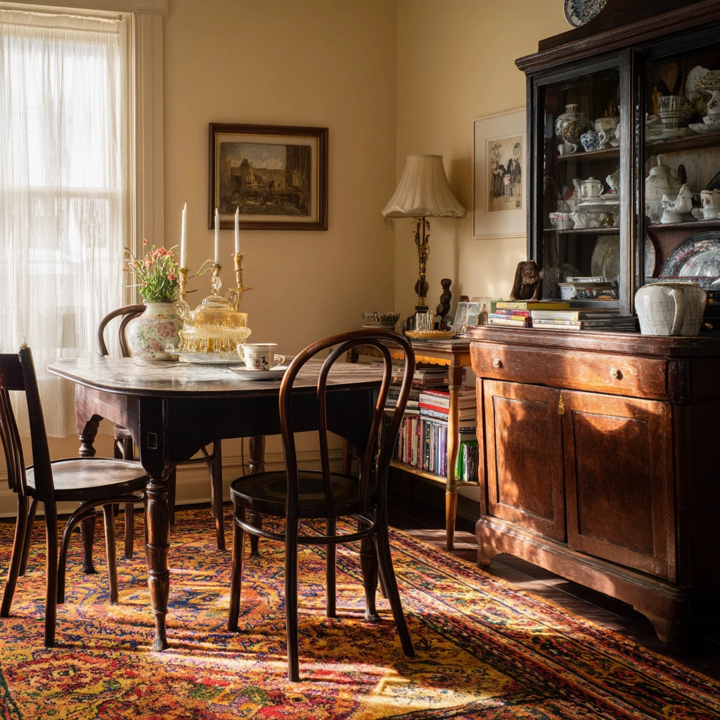 Vintage-Inspired Carpeted Dining Room with Collected Pieces