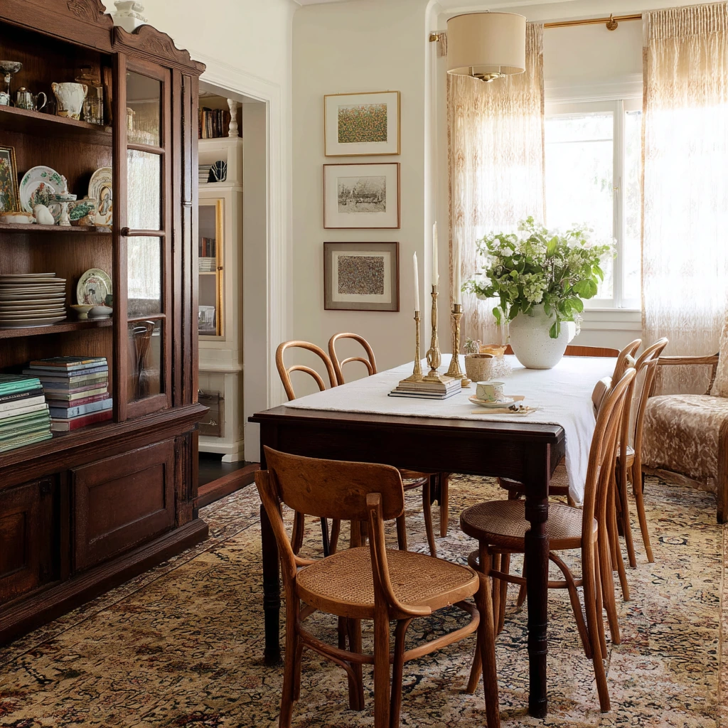Vintage-Inspired Carpeted Dining Room with Collected Pieces