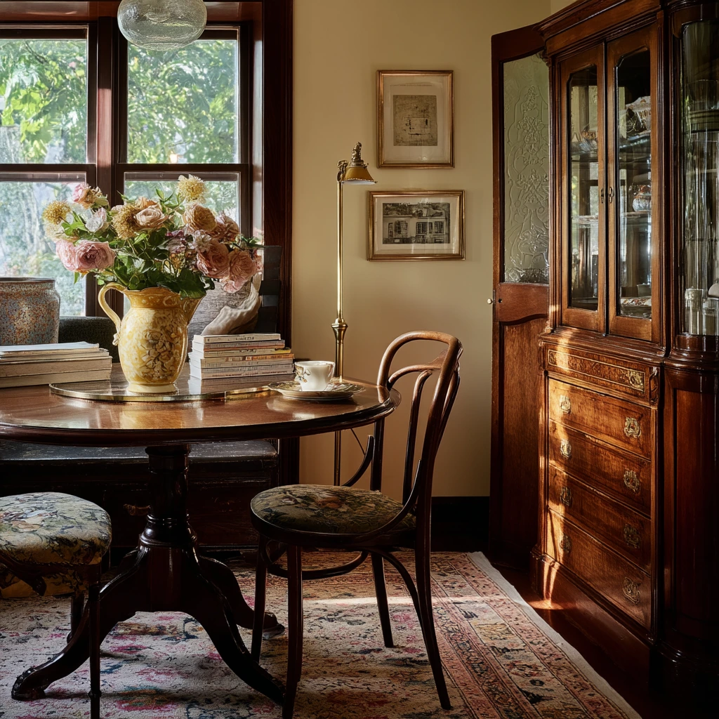 Vintage-Inspired Carpeted Dining Room with Collected Pieces