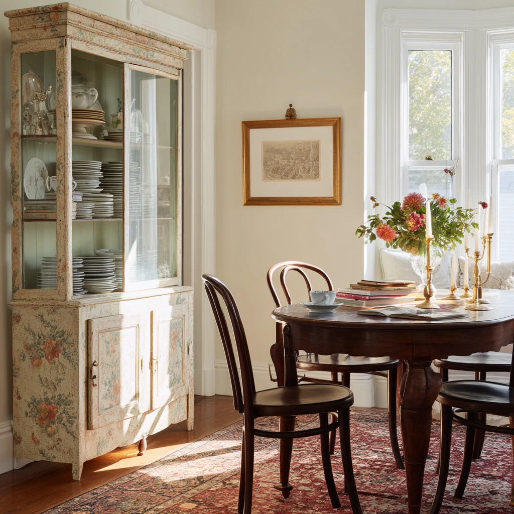 Vintage-Inspired Carpeted Dining Room with Collected Pieces