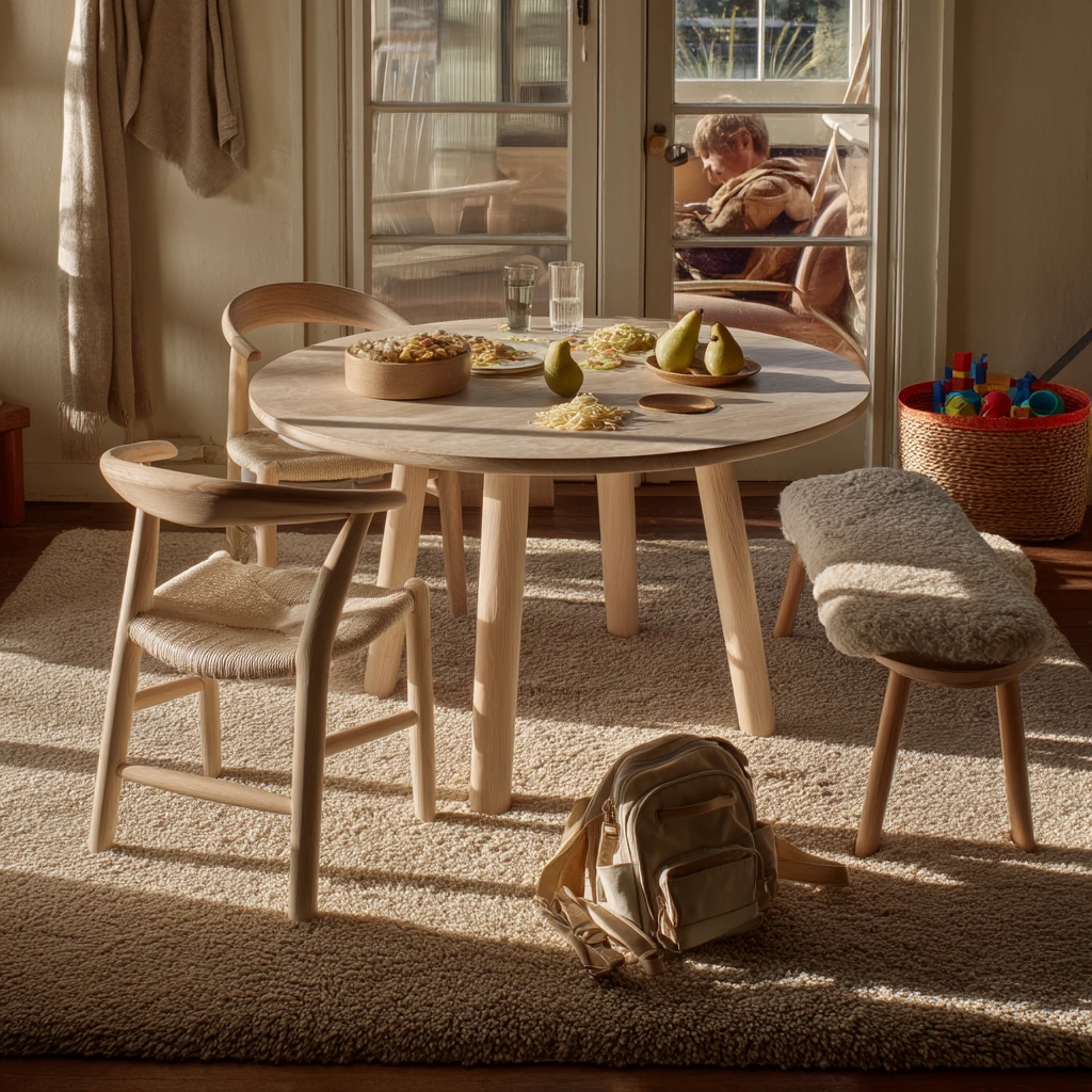 Family-Friendly Carpeted Dining Room with Everyday Mess