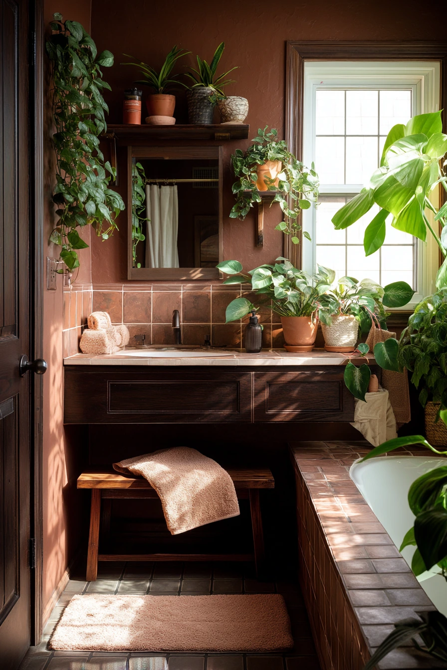 Earthy Chocolate Brown Bathroom with Plants