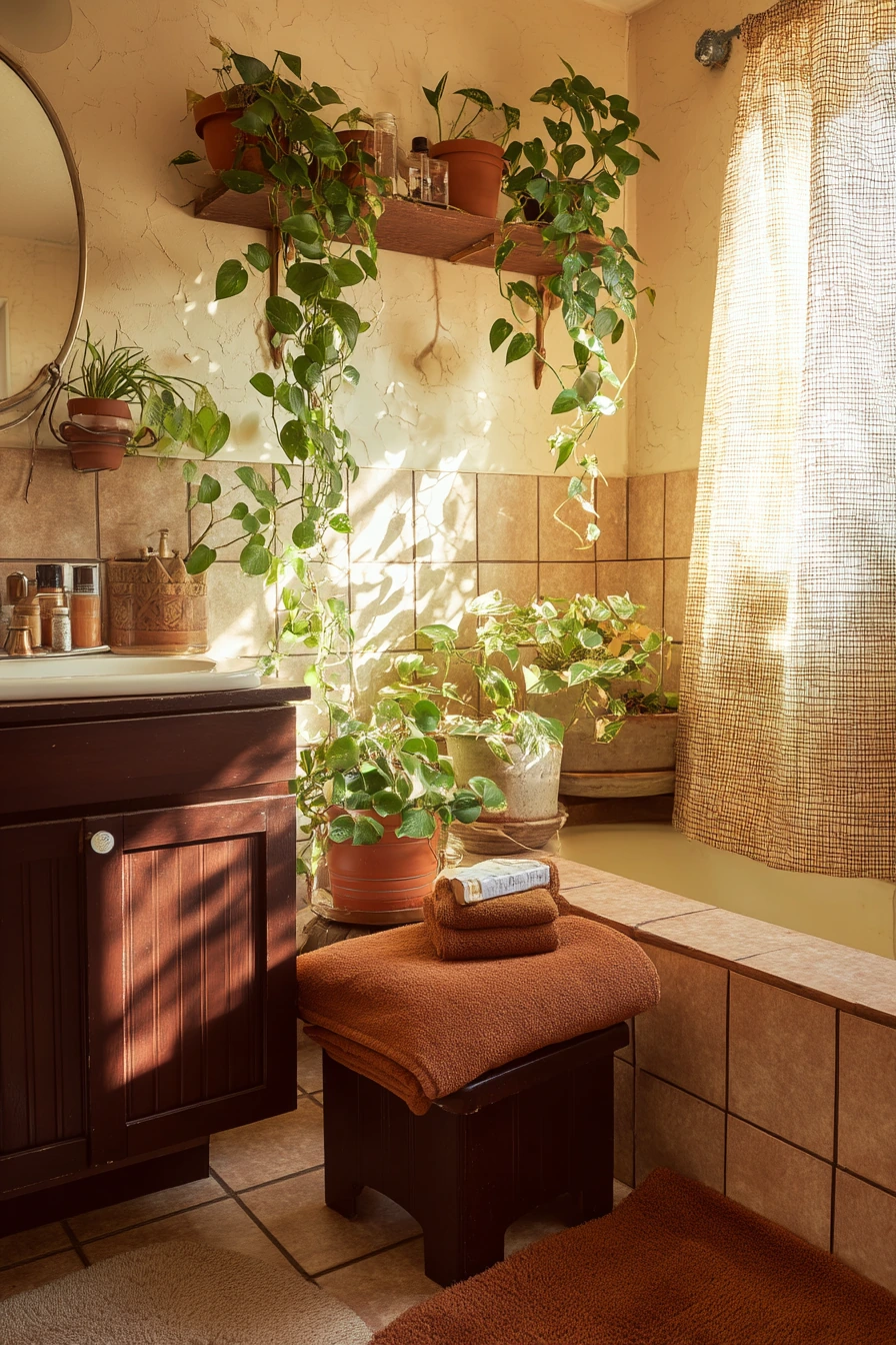 Earthy Chocolate Brown Bathroom with Plants