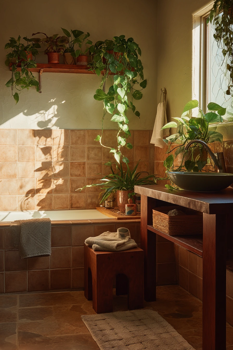 Earthy Chocolate Brown Bathroom with Plants