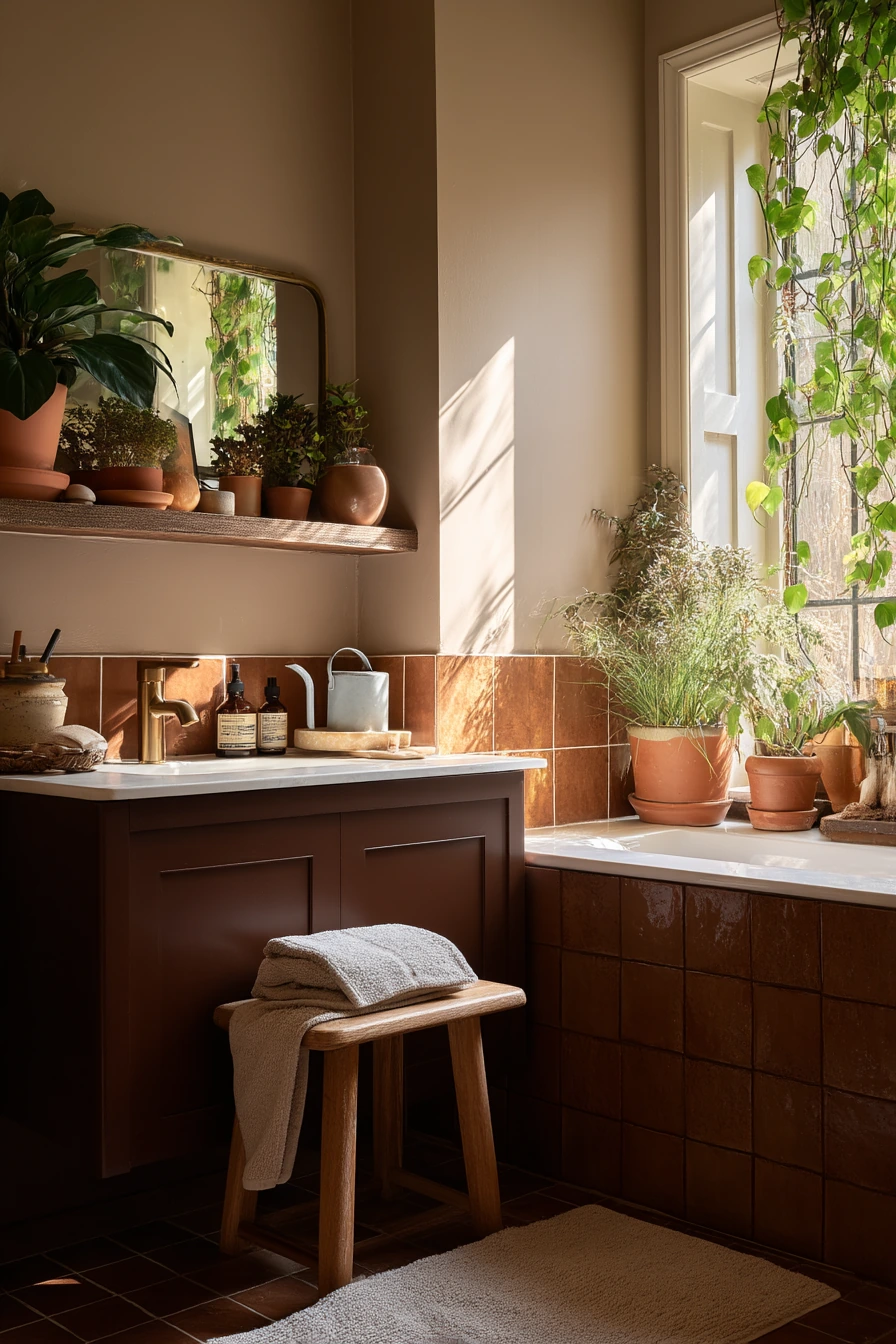 Earthy Chocolate Brown Bathroom with Plants