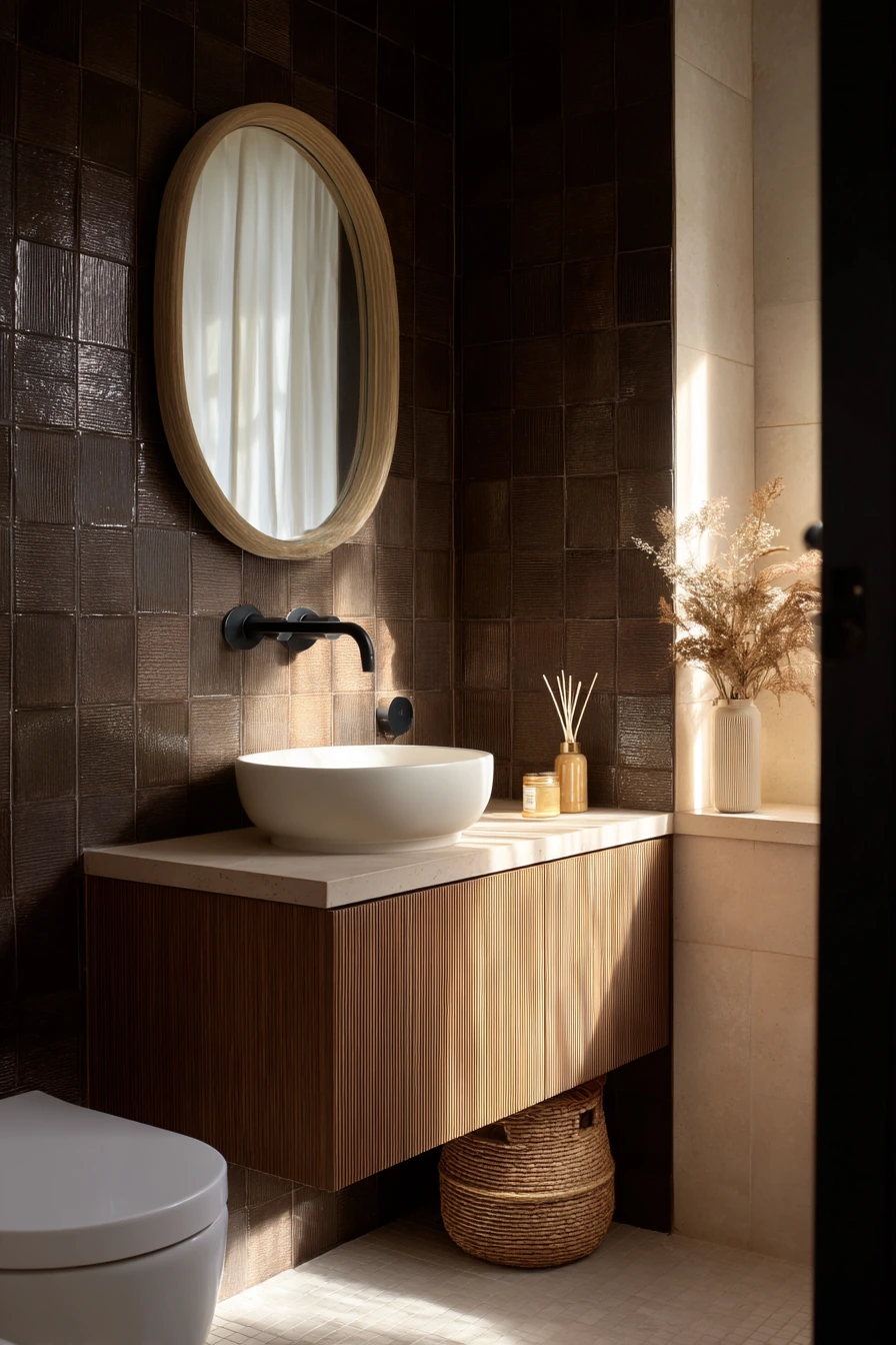 Small Chocolate Brown Guest Bath, Clever and Calm
