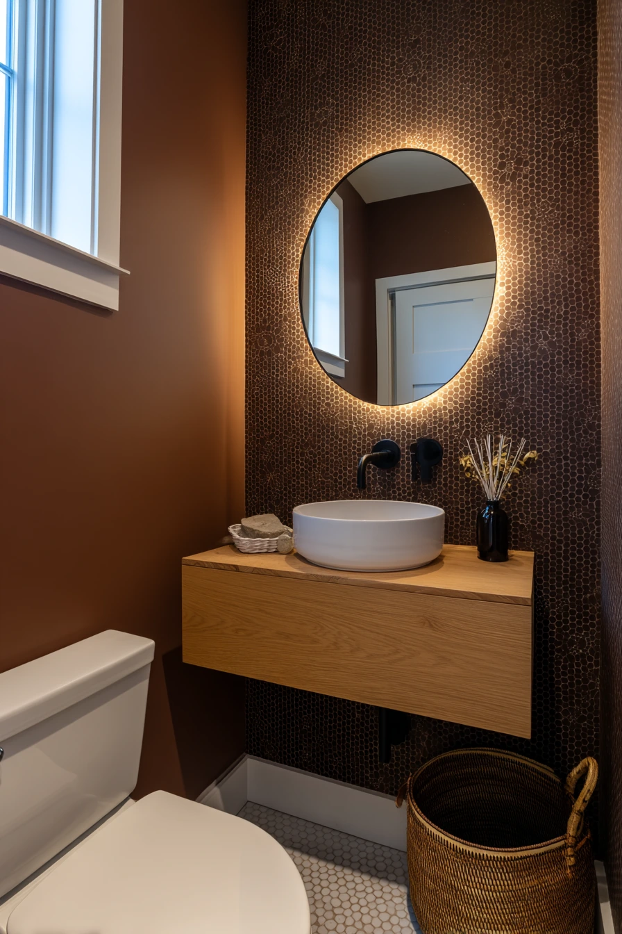 Small Chocolate Brown Guest Bath, Clever and Calm