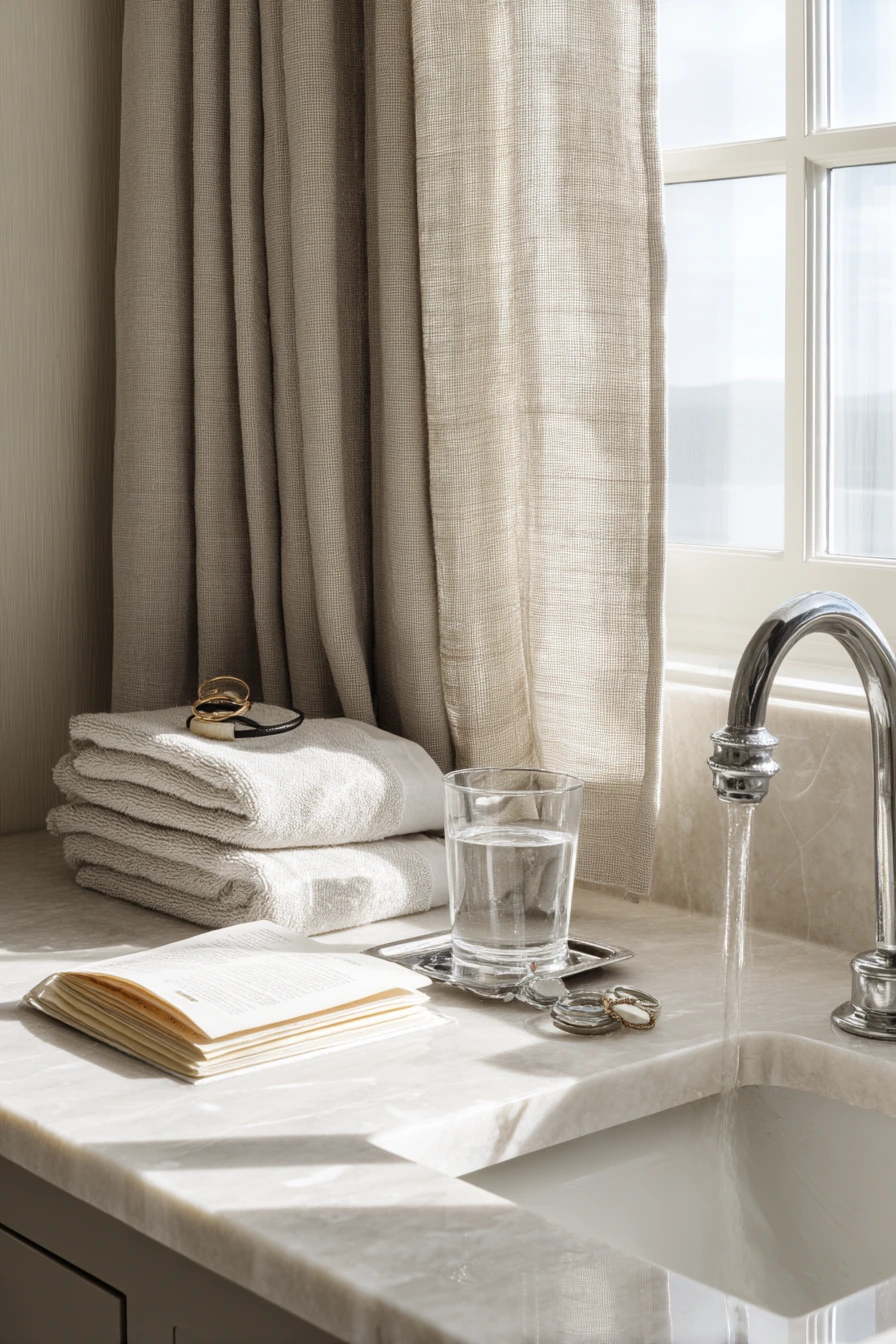 Chrome and Stone in a Shared Primary Bath